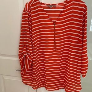 Chico, size 3. Orange & white striped blouse Zipper in front, button 3/4 sleeves
